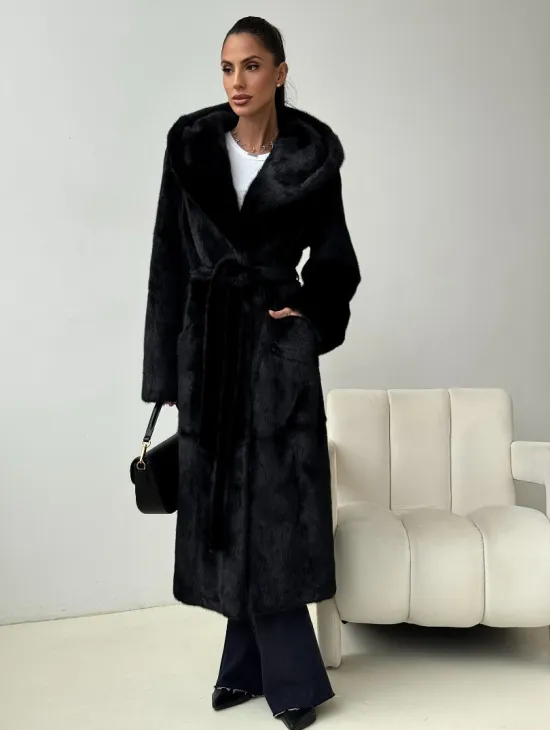 Черная норковая шуба с капюшоном - фото 5