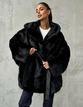 Полушубок черный норковый с капюшоном - фото 0