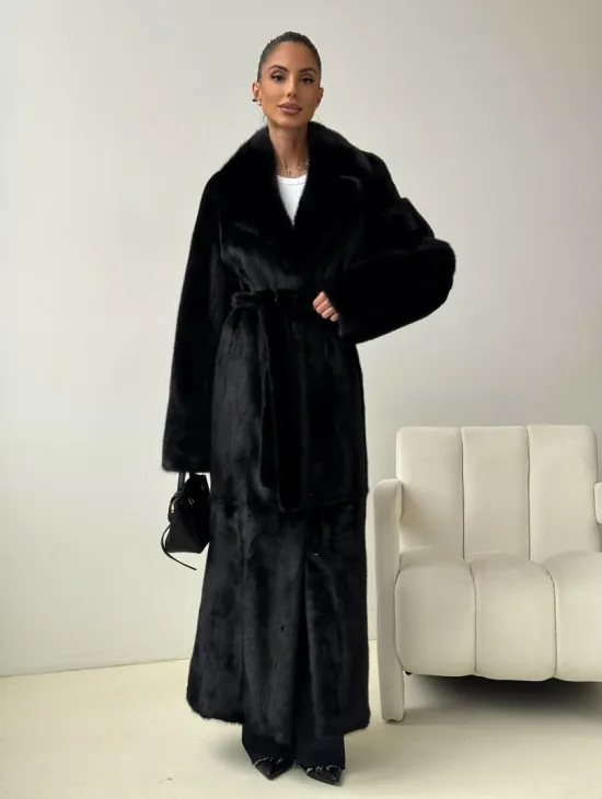 Черная норковая шуба с поясом - фото 6