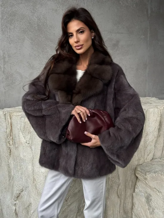 Норковый полушубок с воротником куница - фото 5