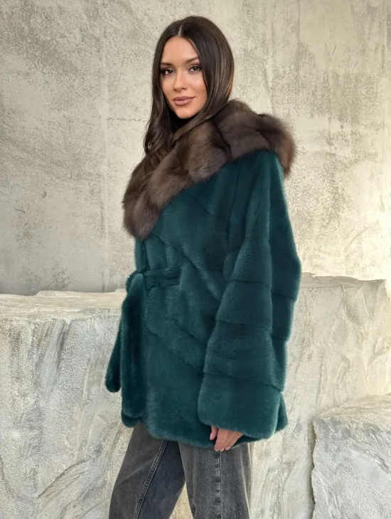 Шуба норка кимоно - капюшон куница - фото 0