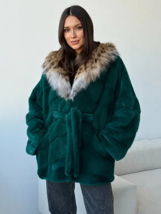 Норковая шуба с капюшоном из рыси - фото 9