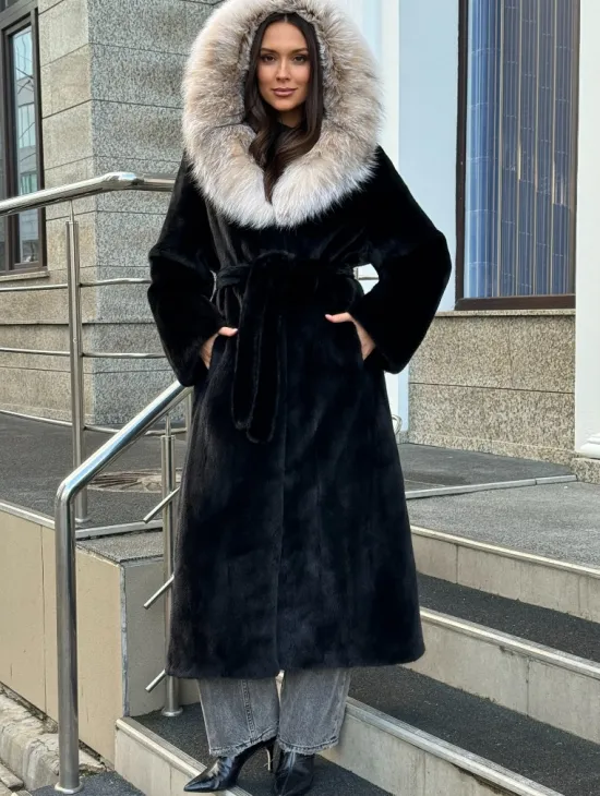 Черная норковая шуба с капюшоном из рыси - фото 5