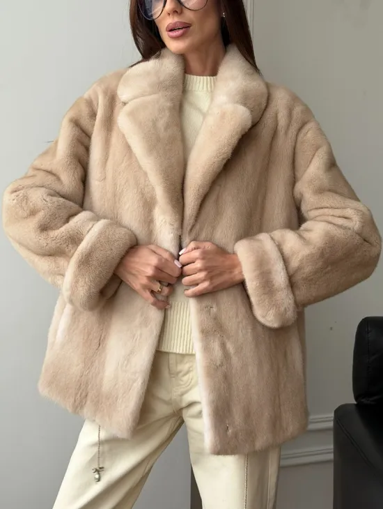 Норковый полушубок в натуральном цвете пастель - фото 6