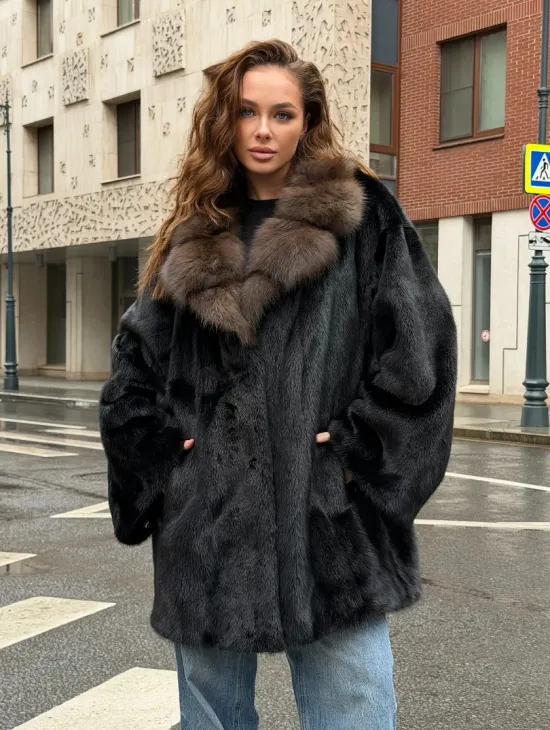 Норковая шуба - воротник куница - фото 0