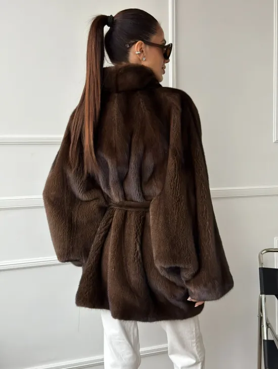 Норковый полушубок с меховым поясом - Летучая мышь - фото 5