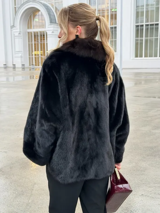 Черный норковый жакет с воротником куницы - фото 6
