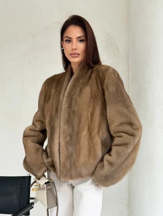 Укороченная шуба из натурального меха норки - пастель - фото 7