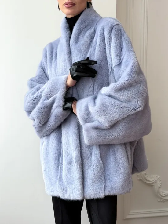 Голубой норковый полушубок - летучая мышь - фото 3