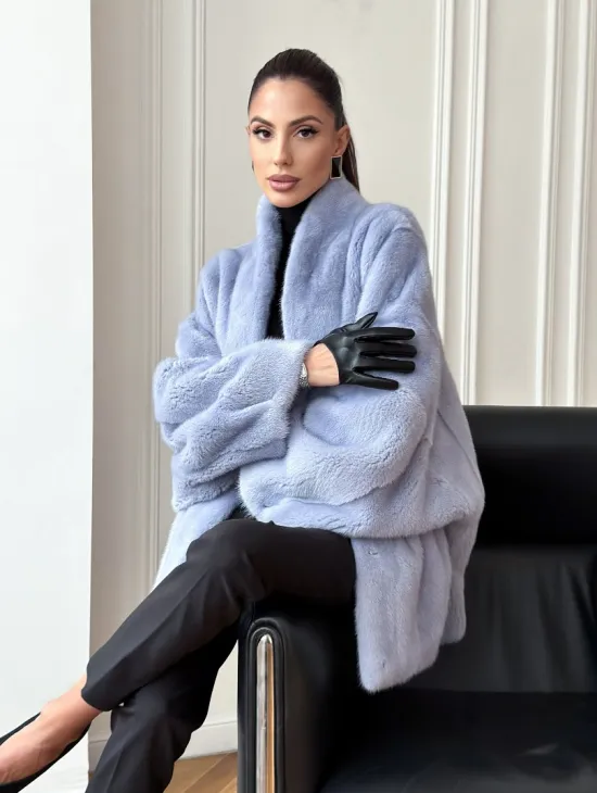 Голубой норковый полушубок - летучая мышь - фото 11