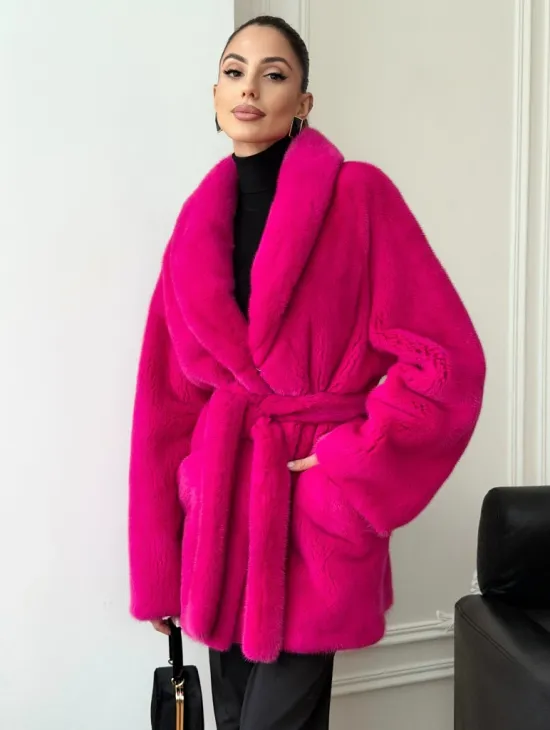 Шуба из плюшевой норки Velvet - фуксия - фото 5