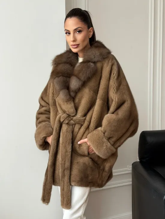 Шуба норка - воротник куница - фото 0