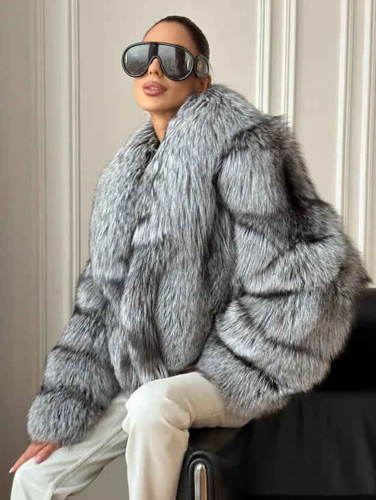 Кроп-полушубок с шалевым воротником из чернобурки - фото 5