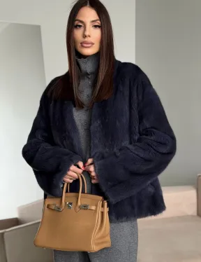 Короткий норковый жакет - синий графит - фото 8