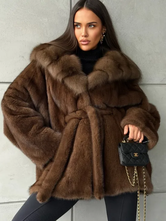 Полушубок норковый летучая мышь - капюшон куница - фото 5