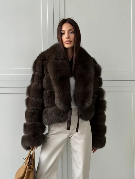 Полушубок-кроп из песца с шалевым воротником - фото 15