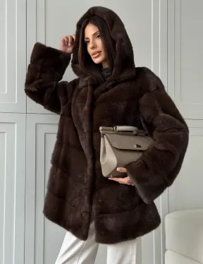 Норковая шуба в стиле «рубашка» с капюшоном - фото 8