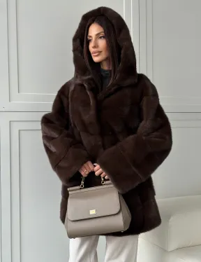 Норковая шуба в стиле «рубашка» с капюшоном - фото 10