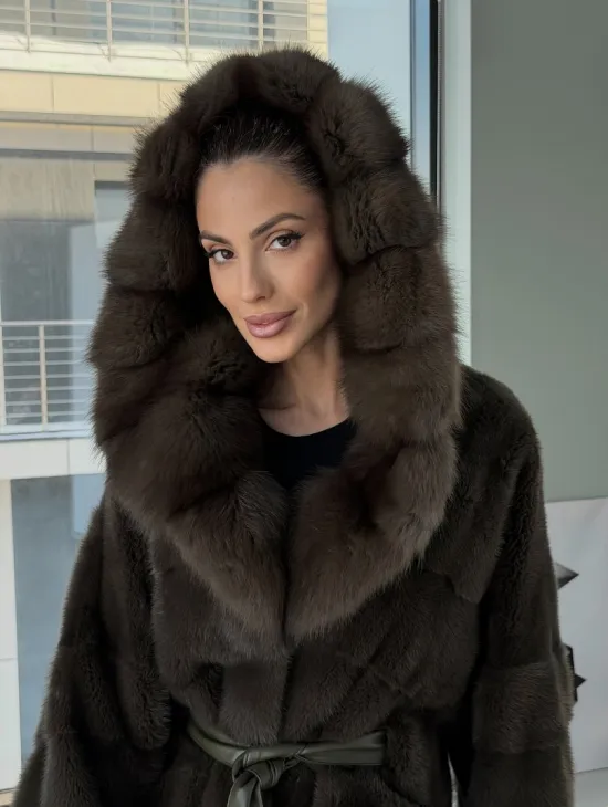 Норковое пончо шуба с капюшоном из меха куницы dark olive - фото 14