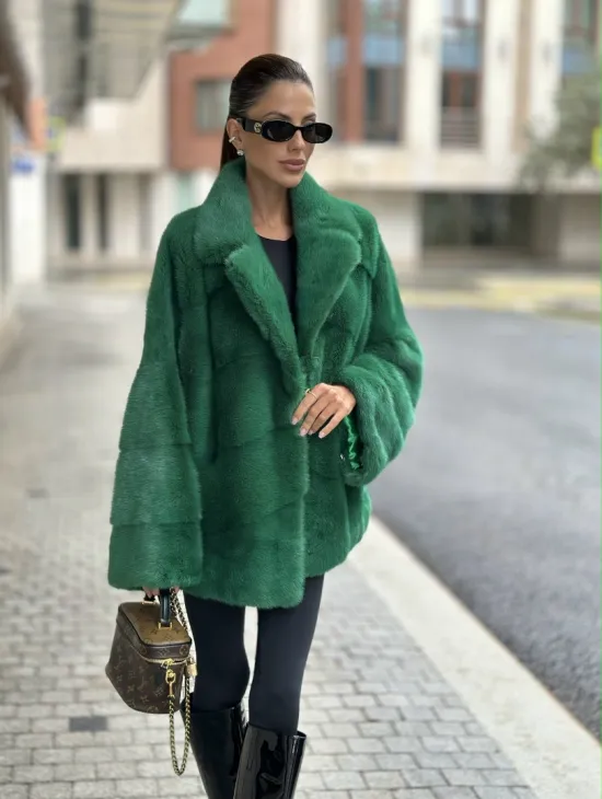 Куртка из норки с английским воротником - цвет изумруд - фото 4