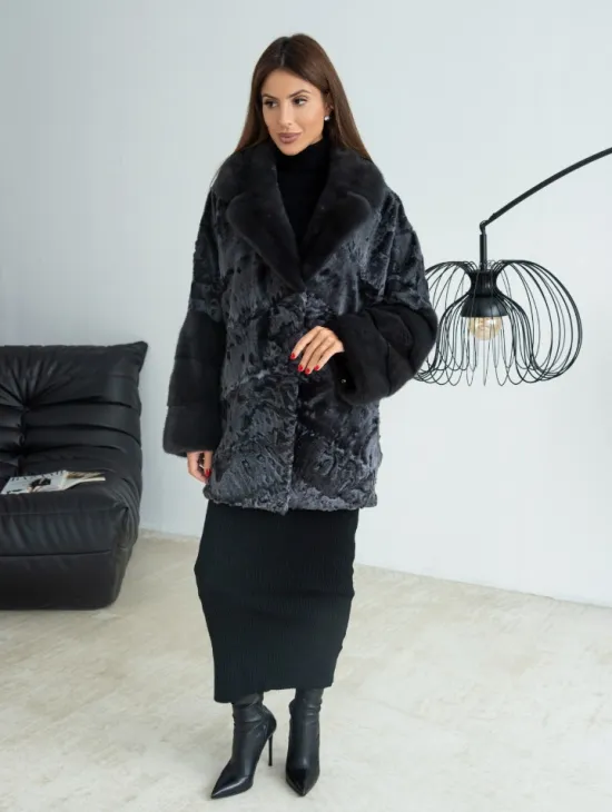 Графит полушубок из каракульчи с отделкой из меха норки - фото 2