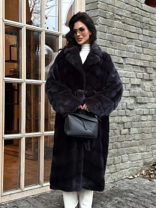 Шуба Халат из меха норки с английским воротником - цвет темный графит - фото 7