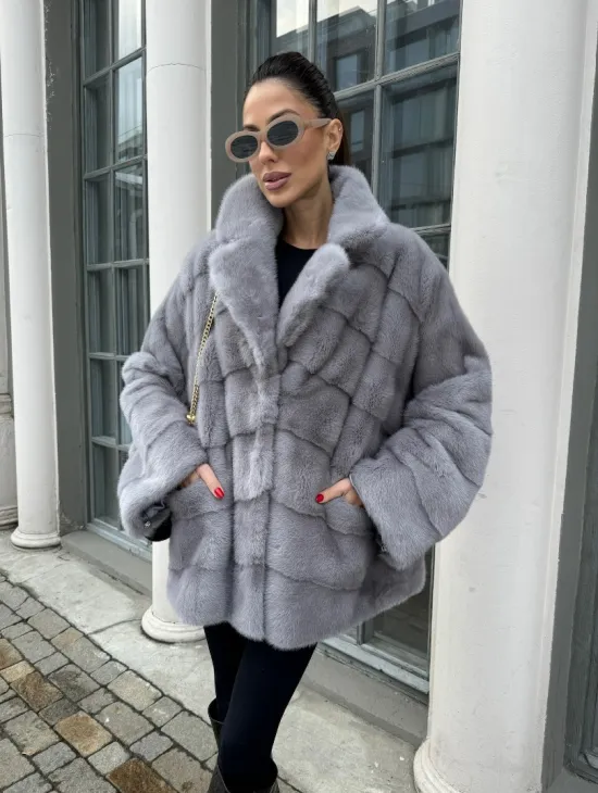 Норковый полушубок паркет английский воротник - цвет серый сапфир - фото 0