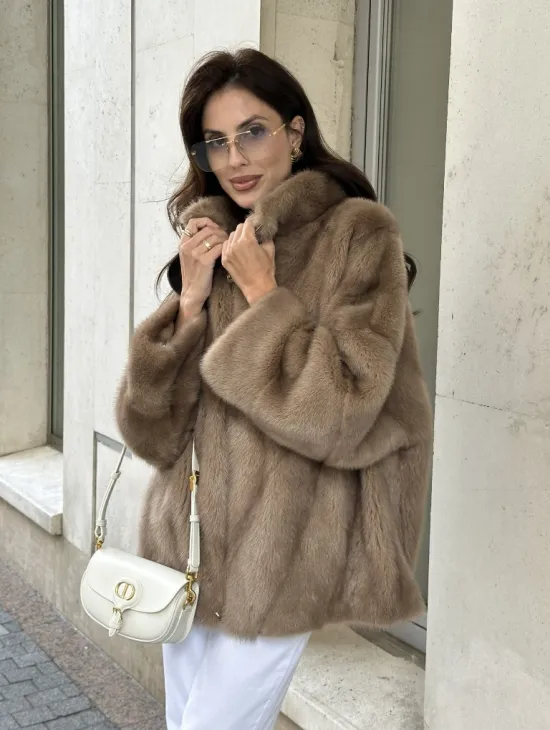 Короткая норковая шуба на молнии - цвет пастель - фото 5