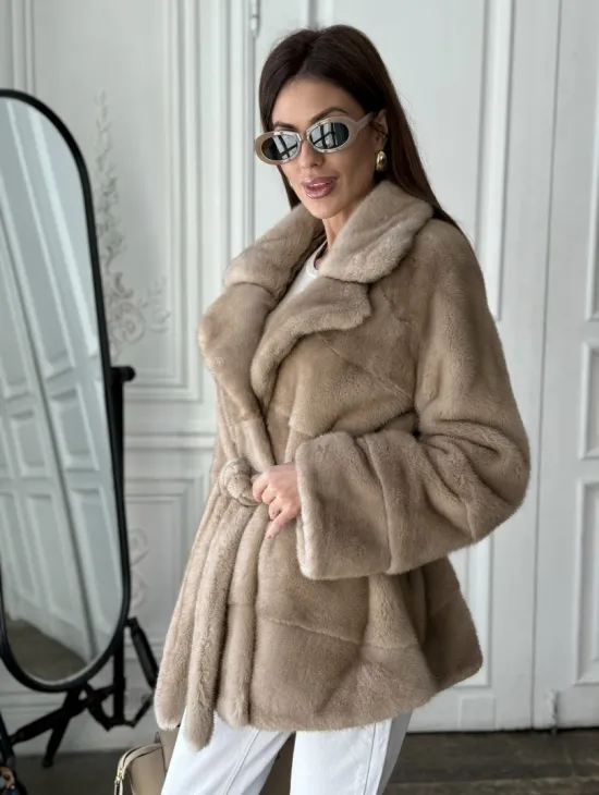 Норковый полушубок английский воротник мех NAFA - цвет пастель - фото 2