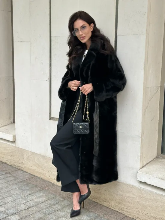 Черная шуба из норки английский воротник - фото 11