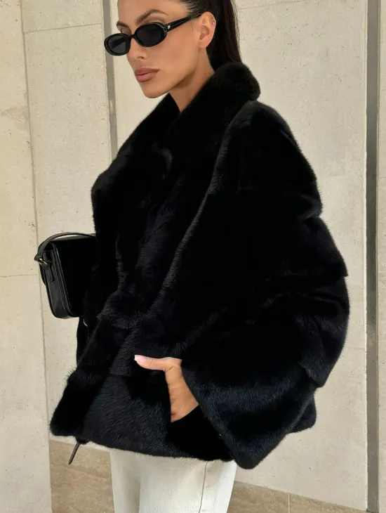 Полушубок из черной норки премиум аукциона - английский воротник - фото 1